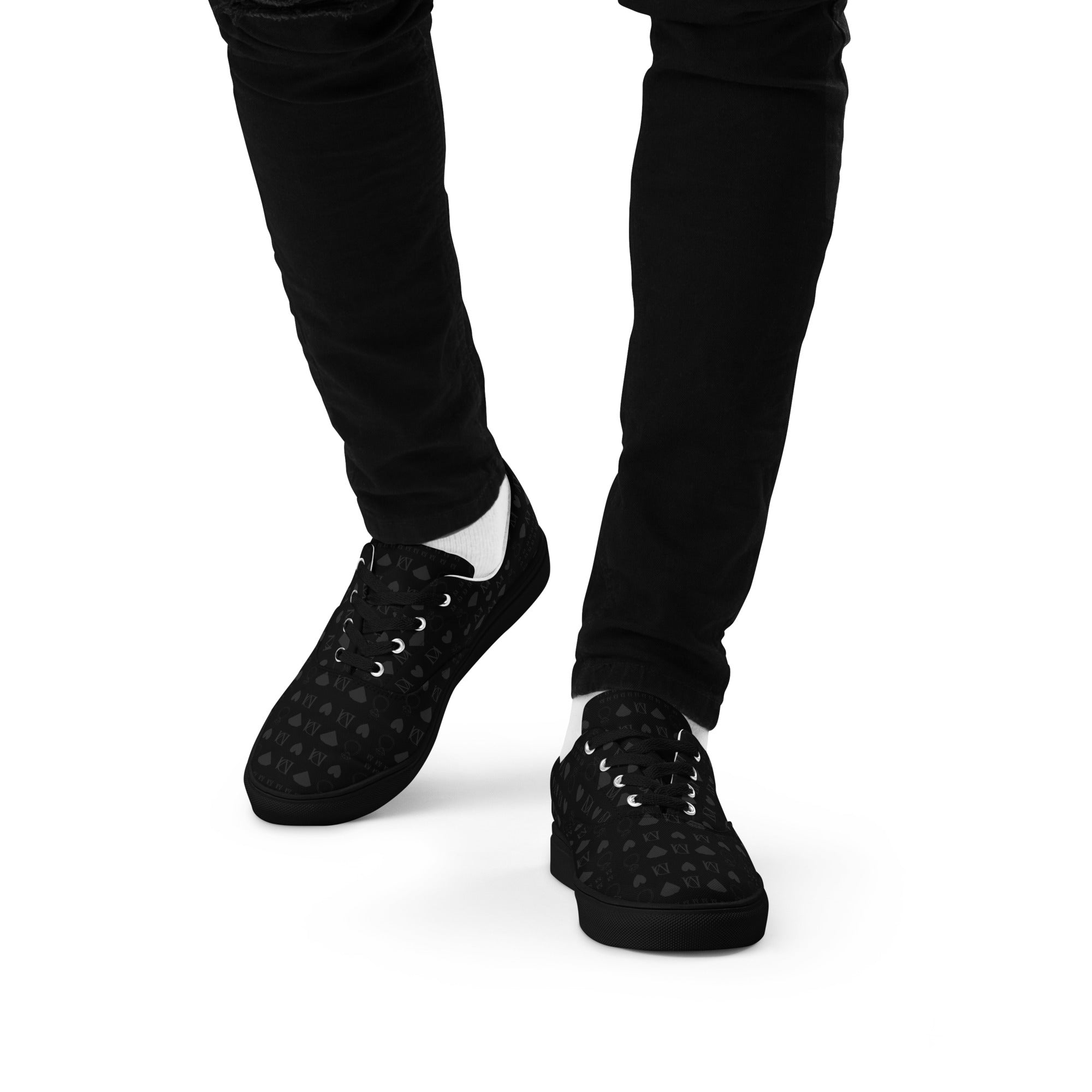 Men's black lace-up canvas shoes with frosted diamond accents by Daemon Luxury, front view showing stylish design.