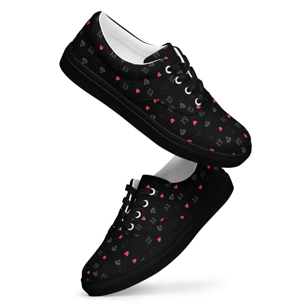Black men's lace-up canvas shoes with speckled diamond pattern from Daemon Luxury's NEMESIS collection.