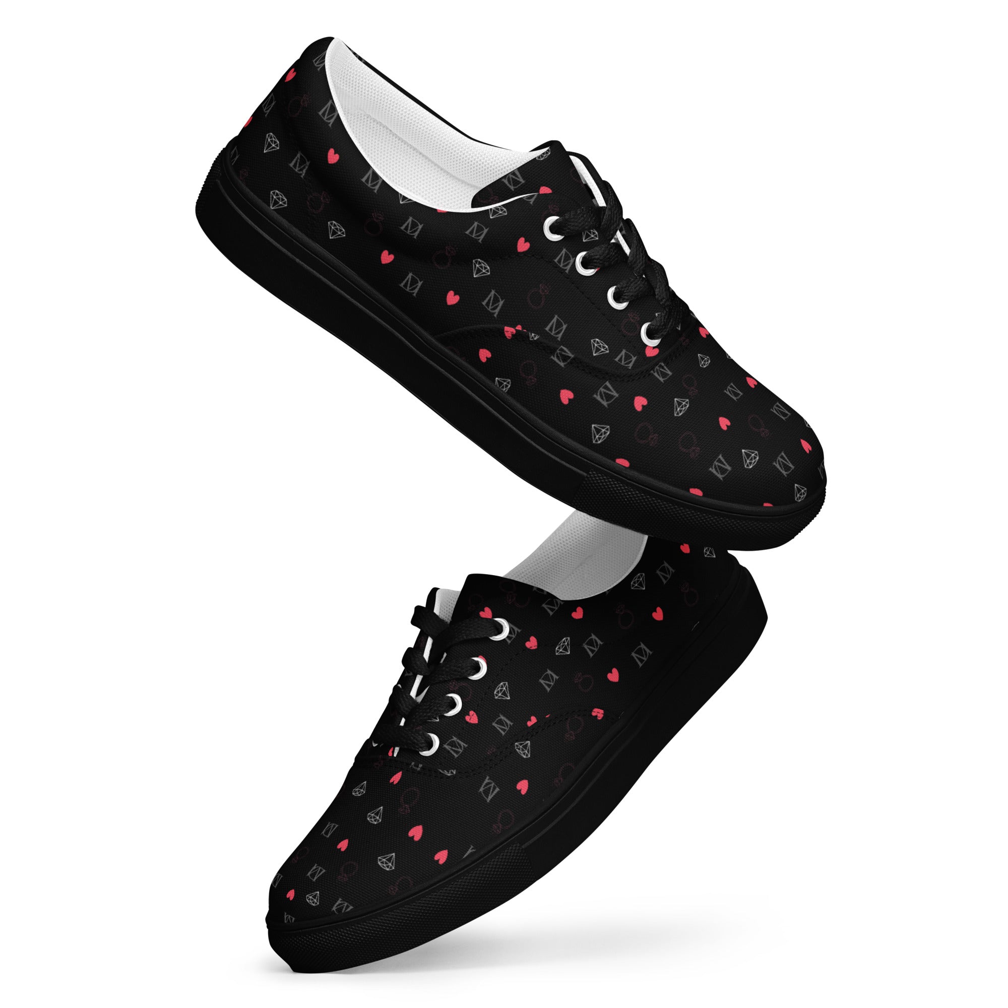 Black men's lace-up canvas shoes with speckled diamond pattern from Daemon Luxury's NEMESIS collection.