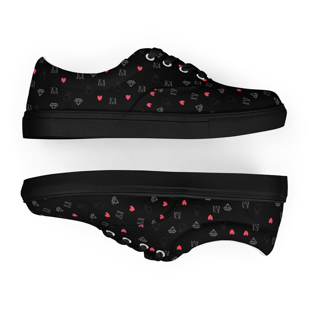 Black men's lace-up canvas shoes featuring speckled diamond design by Daemon Luxury.