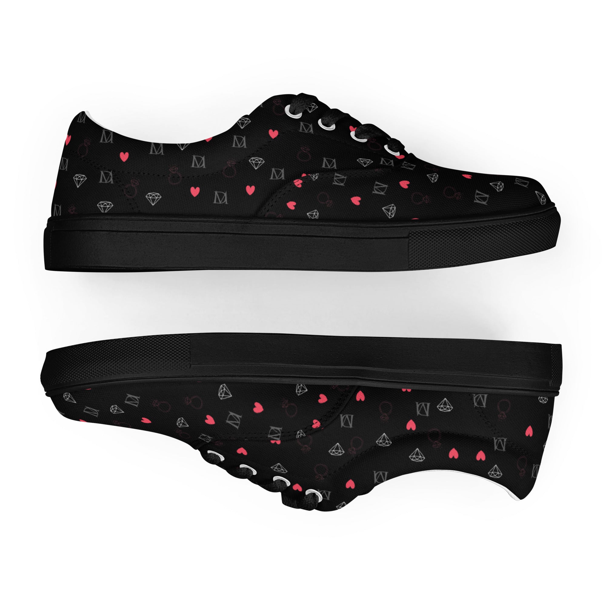 Black men's lace-up canvas shoes featuring speckled diamond design by Daemon Luxury.