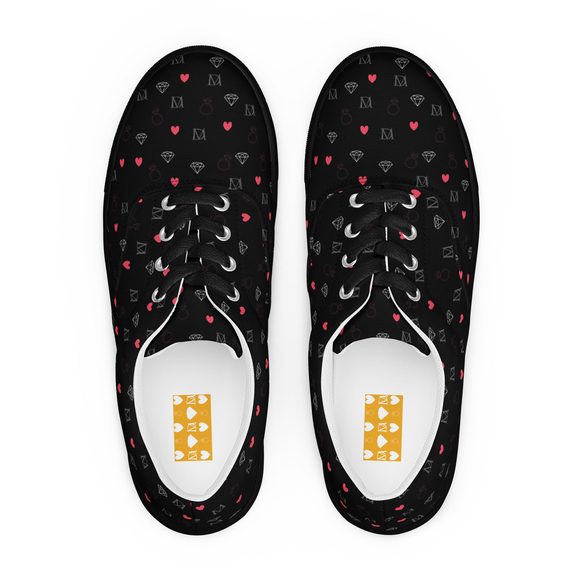 Black men's lace-up canvas shoes featuring speckled diamond pattern from Daemon Luxury's NEMESIS Male collection.