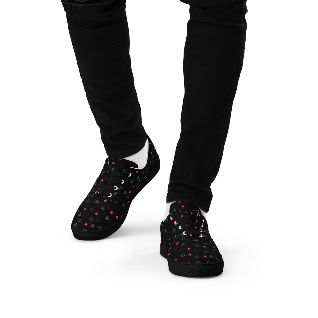 Black men's lace-up canvas shoes from Daemon Luxury featuring speckled diamond patterns on the front.