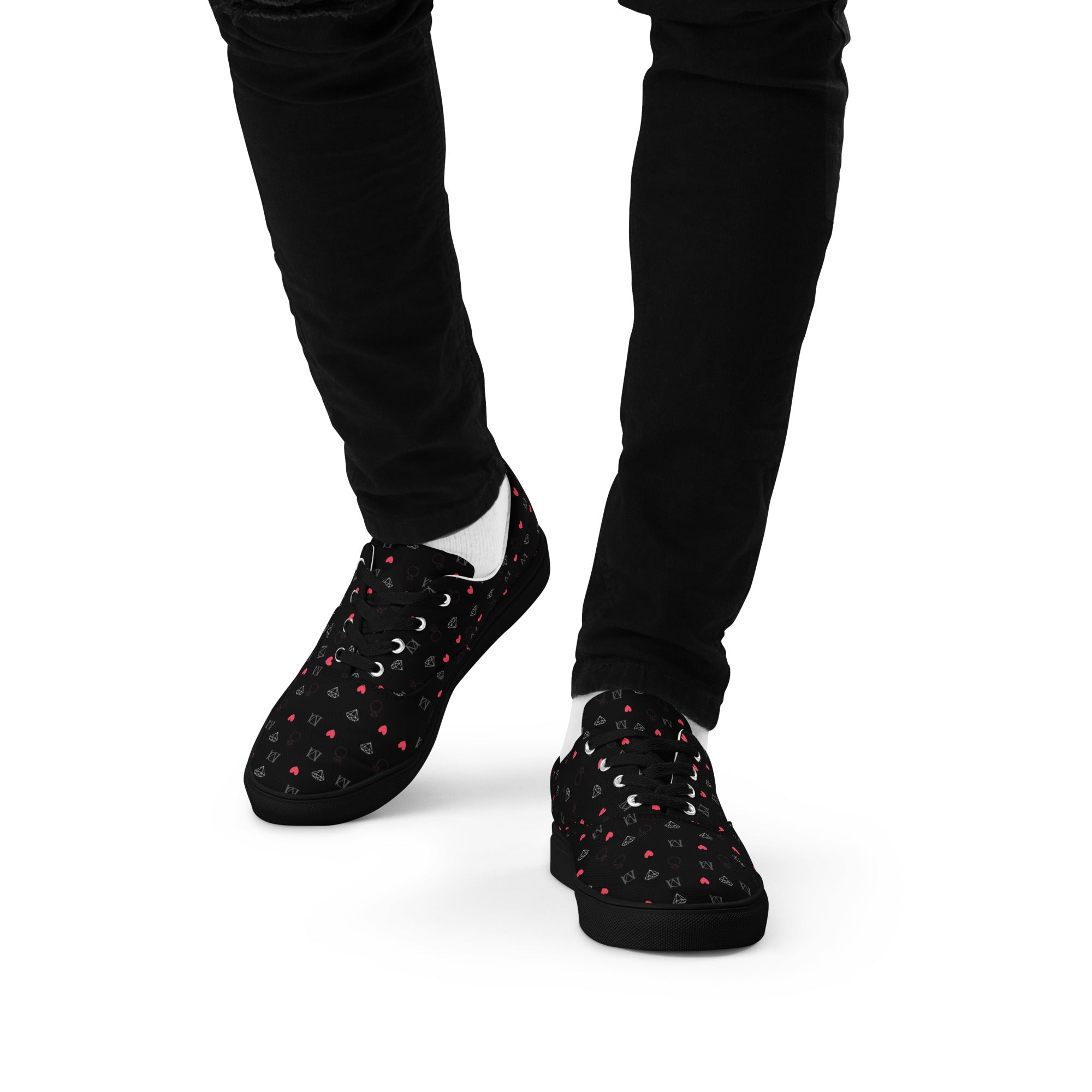 Black men's lace-up canvas shoes from Daemon Luxury featuring speckled diamond patterns on the front.