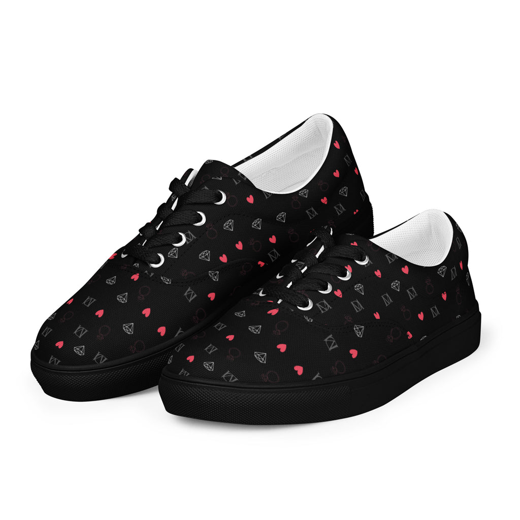 Black men's lace-up canvas shoes with speckled diamond pattern from Daemon Luxury's NEMESIS Male collection.