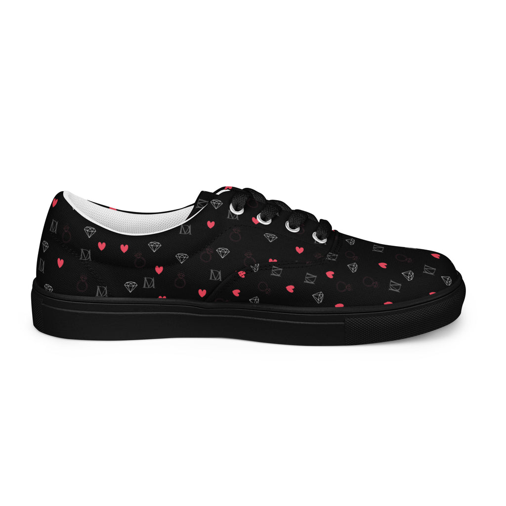 Black men's lace-up canvas shoes with speckled diamond pattern from Daemon Luxury, showing the left inside view.