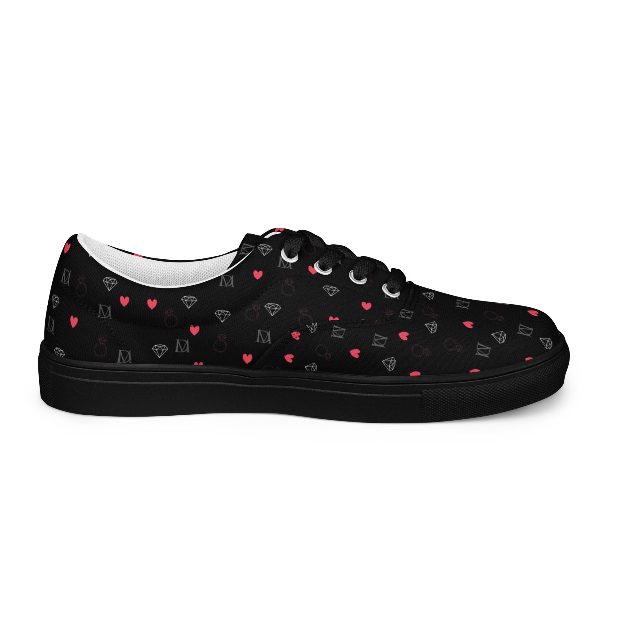 Black men's lace-up canvas shoes with speckled diamond pattern from Daemon Luxury, showing the left inside view.