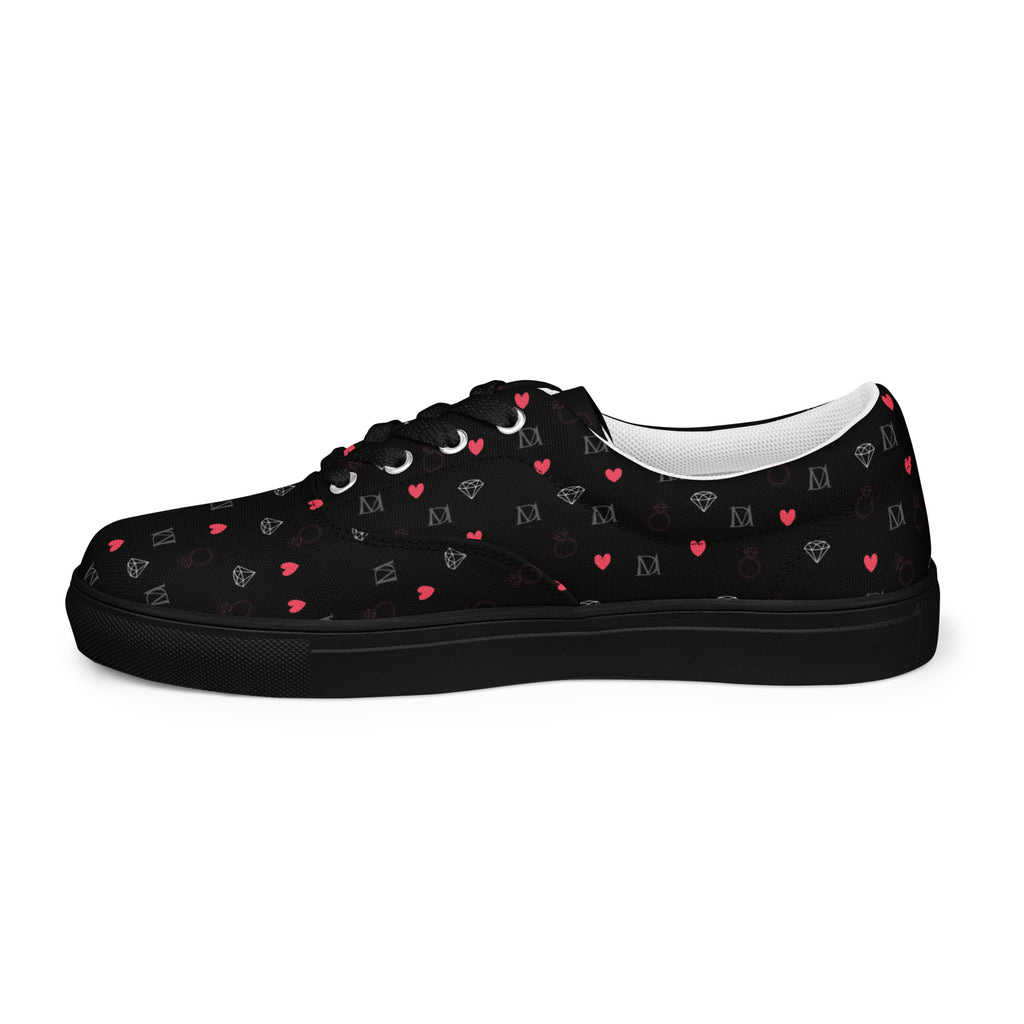 Black men's lace-up canvas shoes from Daemon Luxury with speckled diamond design, viewed from the left outside.