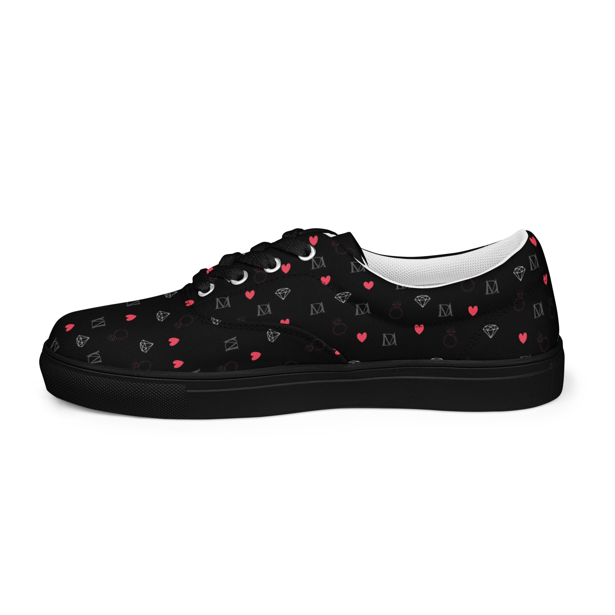 Black men's lace-up canvas shoes from Daemon Luxury with speckled diamond design, viewed from the left outside.