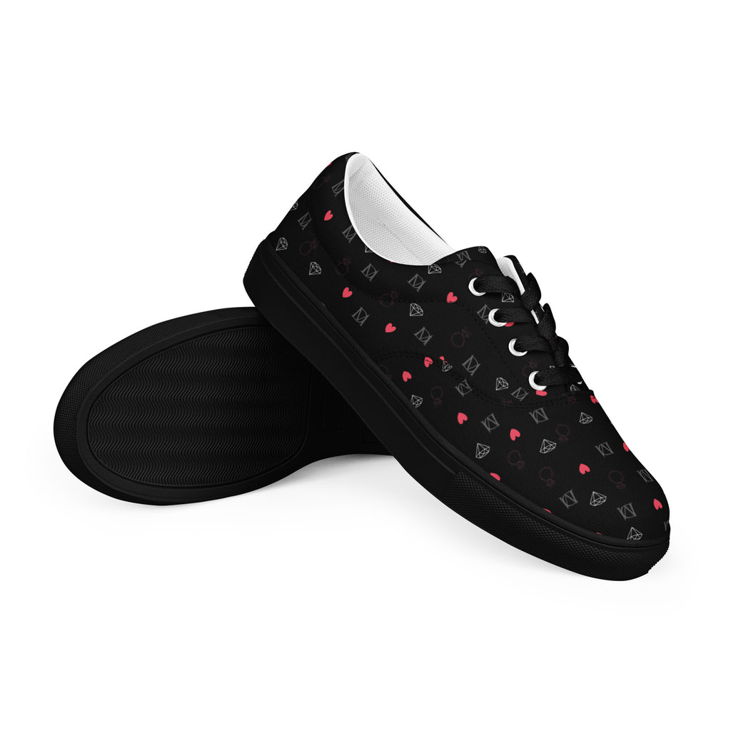 Black men's lace-up canvas shoes with speckled diamond design by Daemon Luxury, shown from right front angle.