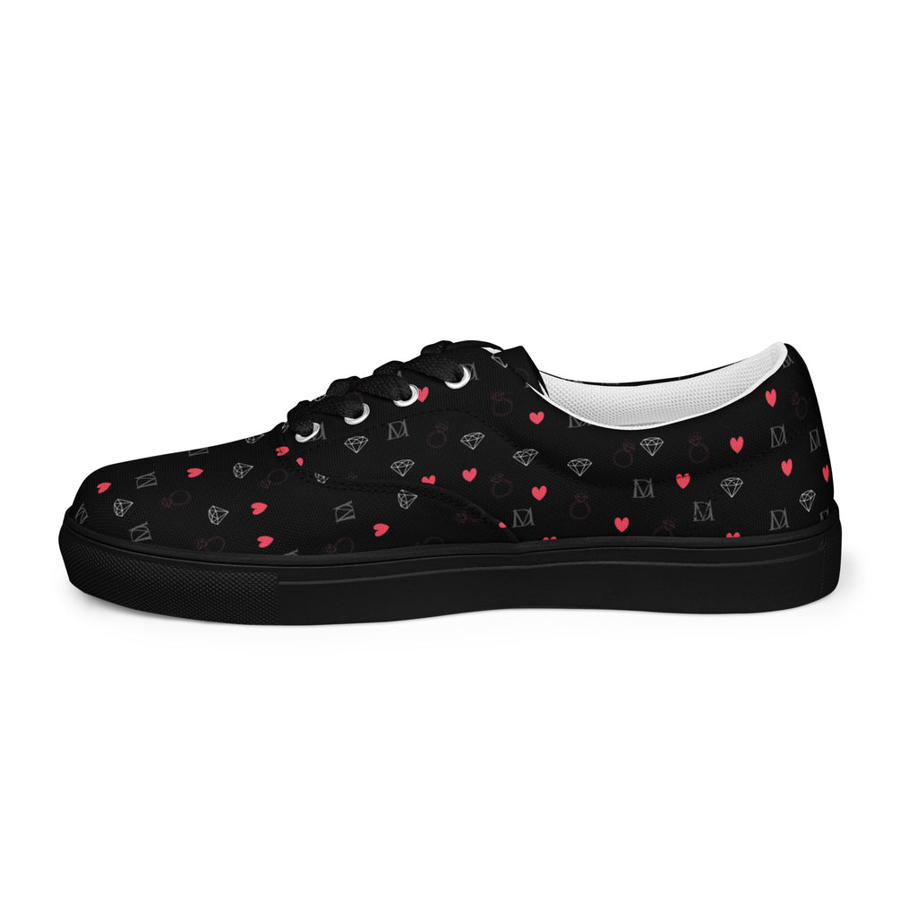 Black men's lace-up canvas shoes by Daemon Luxury featuring speckled diamond pattern, right inside view.