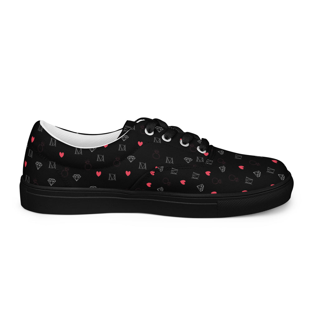 Black men's lace-up canvas shoes featuring speckled diamond pattern from Daemon Luxury, shown from the right outside angle.