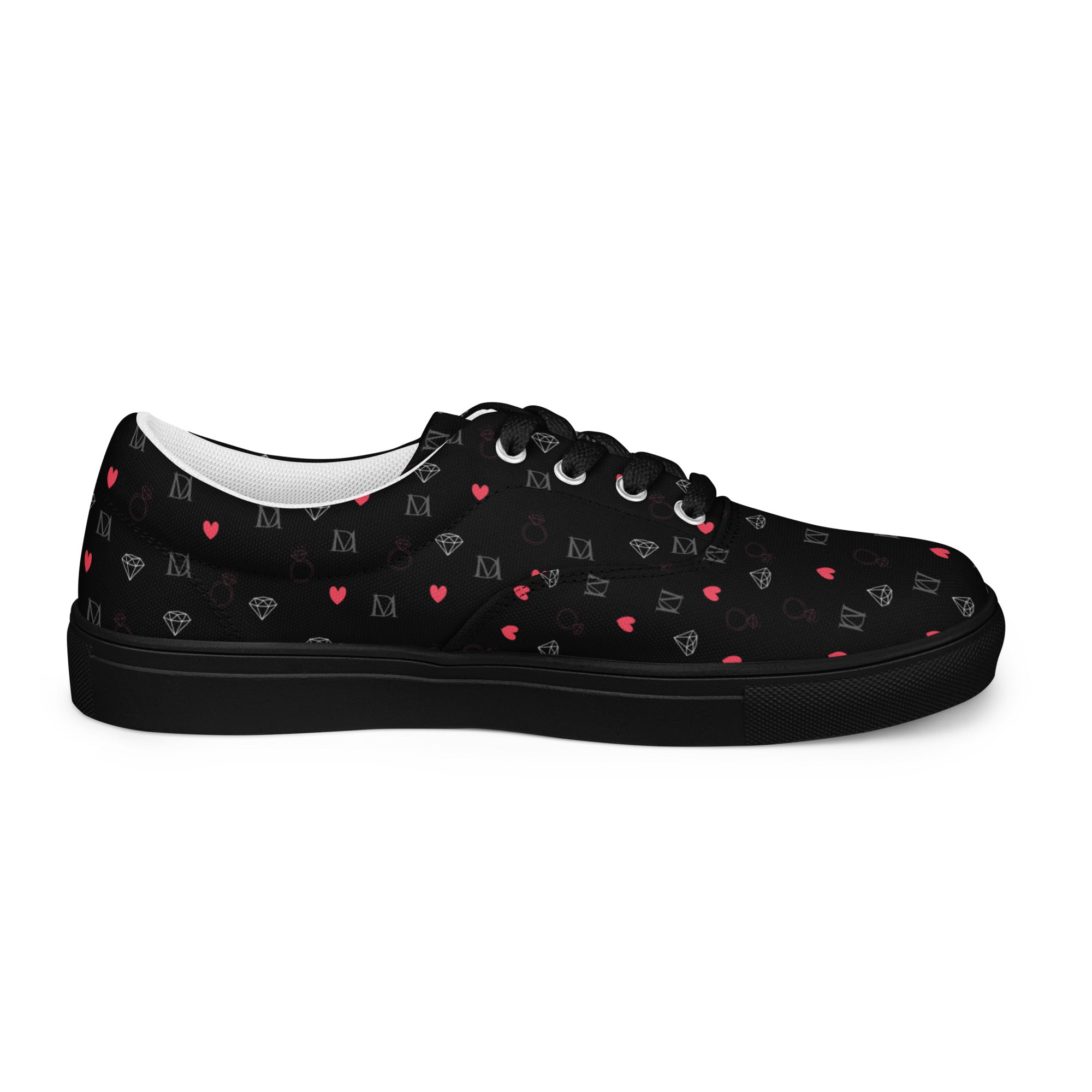 Black men's lace-up canvas shoes featuring speckled diamond pattern from Daemon Luxury, shown from the right outside angle.