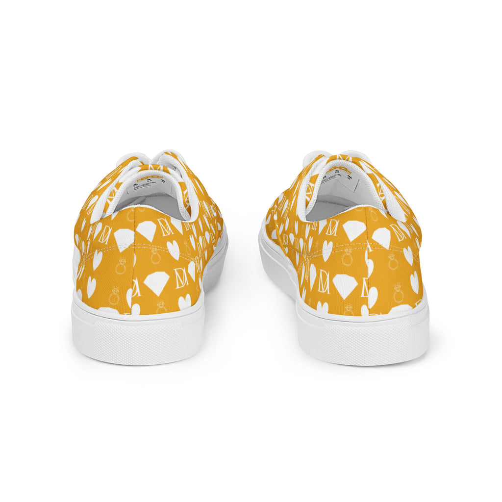 White men's lace-up canvas shoes by Daemon Luxury featuring frosted diamond and tarmin honeybee design on the back.