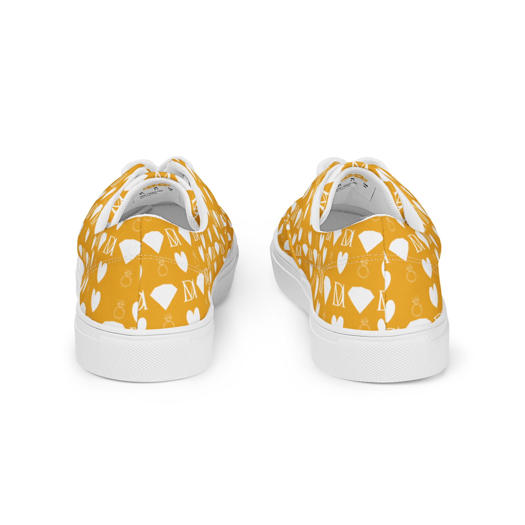 White men's lace-up canvas shoes by Daemon Luxury featuring frosted diamond and tarmin honeybee design on the back.