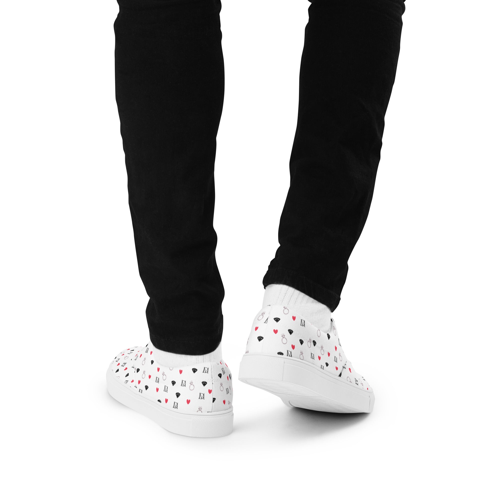 Daemon Luxury Speckled Diamonds Artica Blizzard male lace-up canvas shoes in white, shown from the back angle.