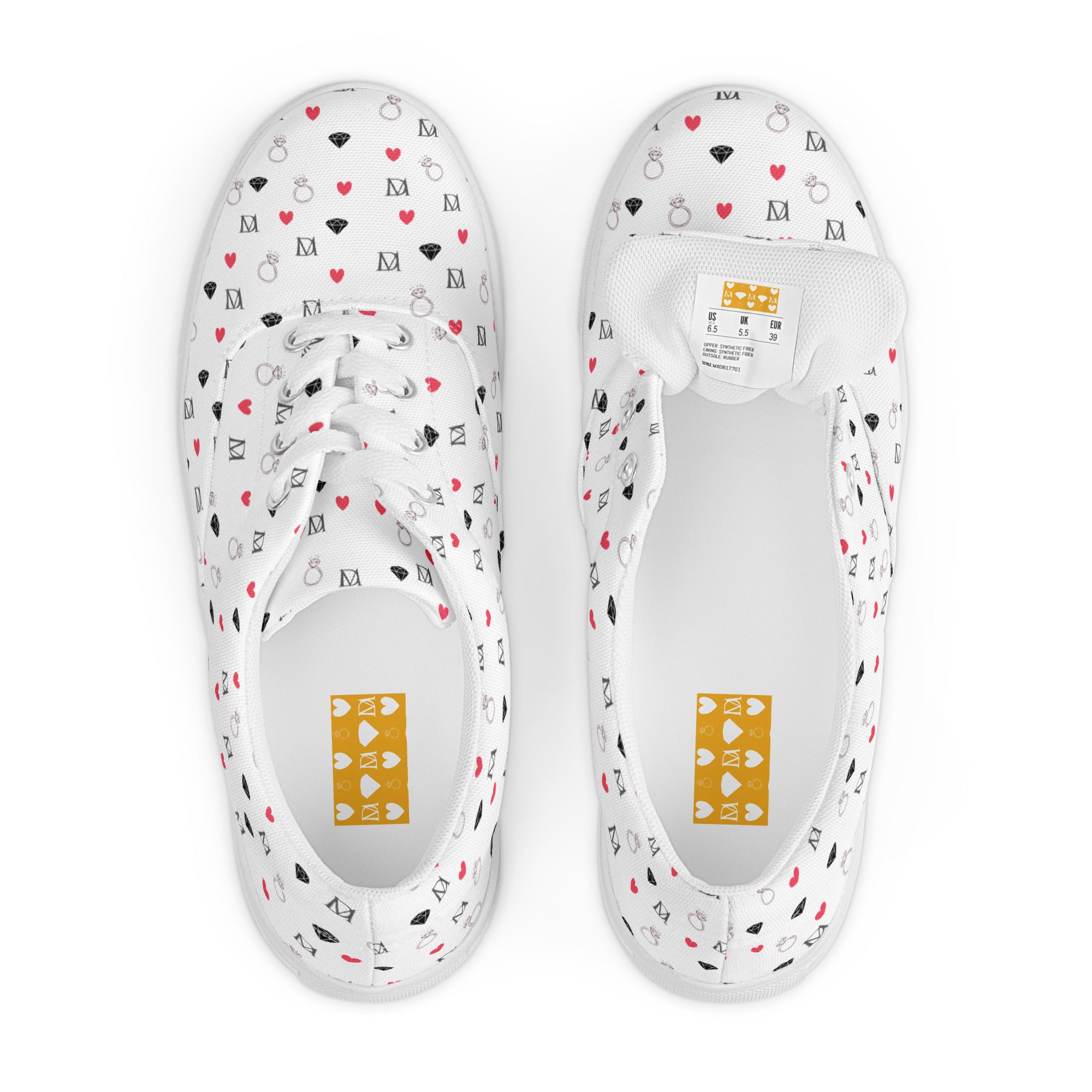 White men's lace-up canvas shoes with speckled diamonds design by Daemon Luxury, front view showing stylish pattern and craftsmanship.