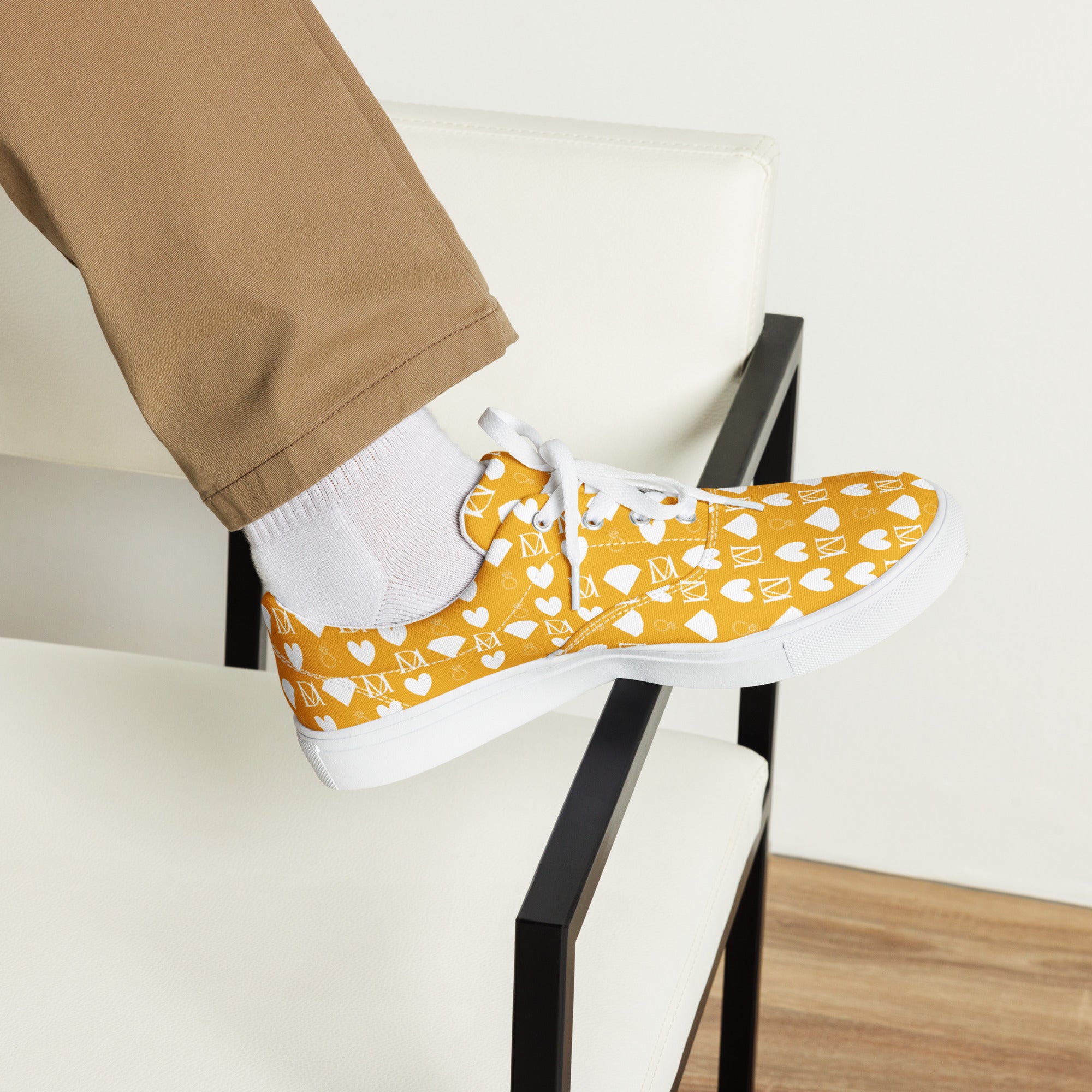Men's white lace-up canvas shoes with frosted diamond design by Daemon Luxury, front view showing stylish details.