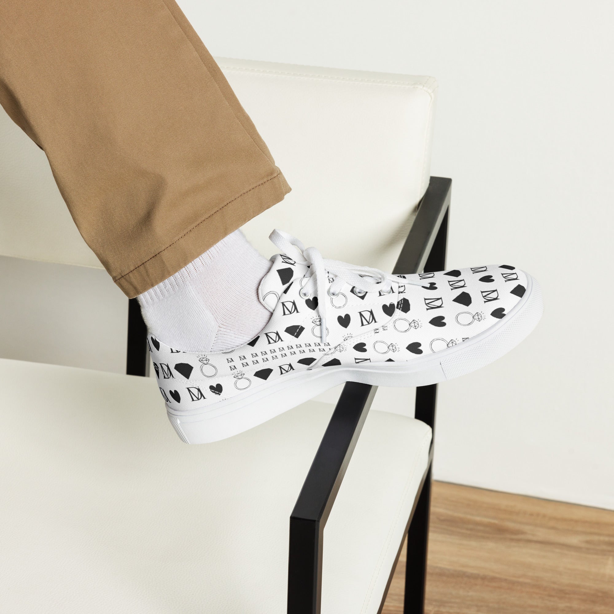 White men's lace-up canvas shoes from Daemon Luxury's Dim Diamonds Artica Blizzard collection, shown from the front.