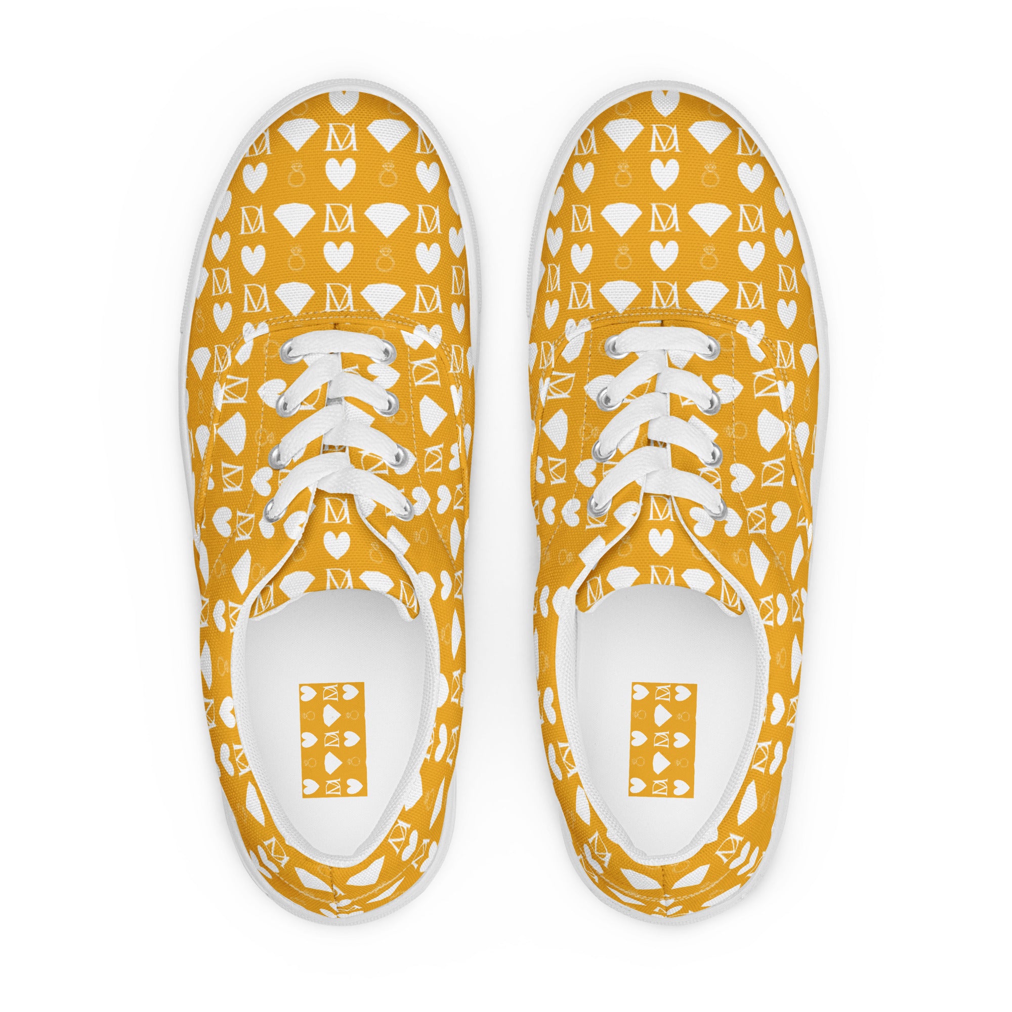 White men's lace-up canvas shoes from Daemon Luxury with frosted diamond designs on the front.
