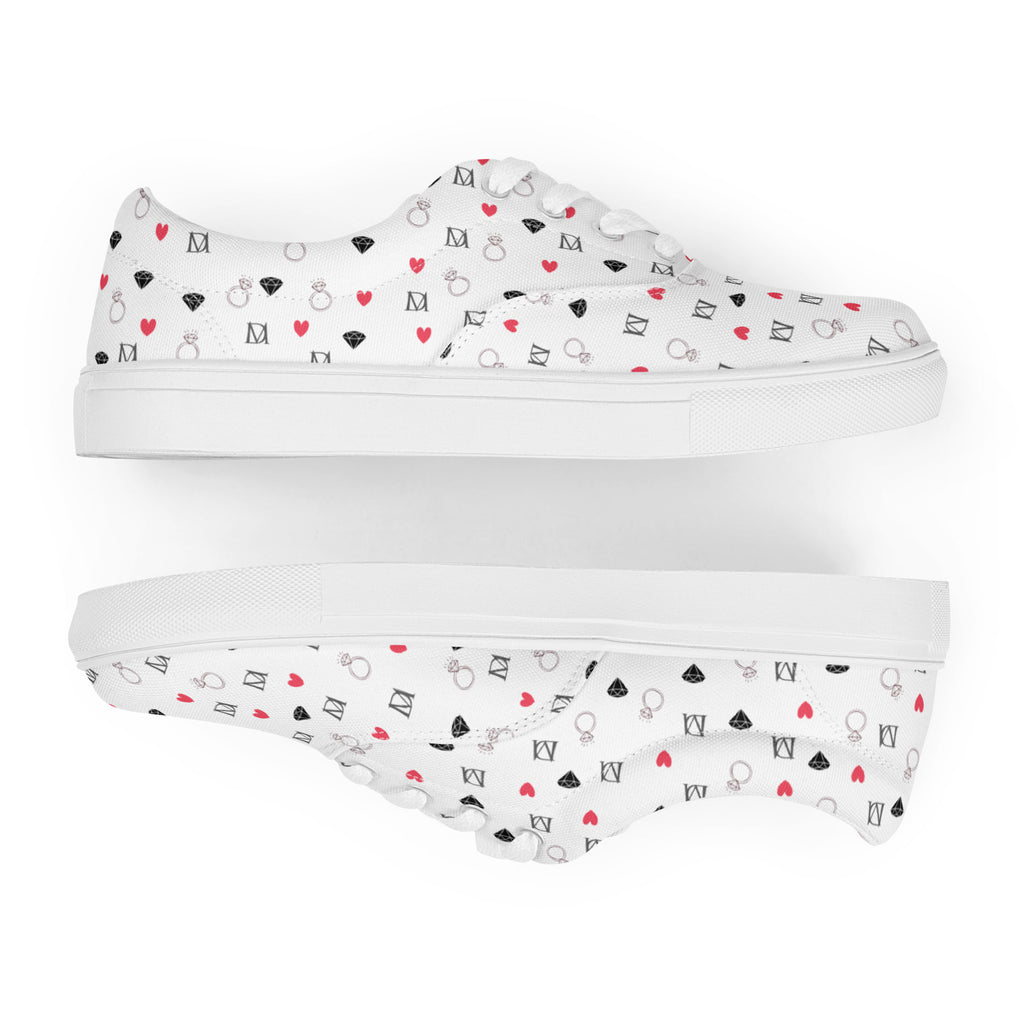 White men's lace-up canvas shoes with speckled diamond design by Daemon Luxury, front view showing stylish details.