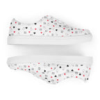White men's lace-up canvas shoes with speckled diamond design by Daemon Luxury, front view showing stylish details.