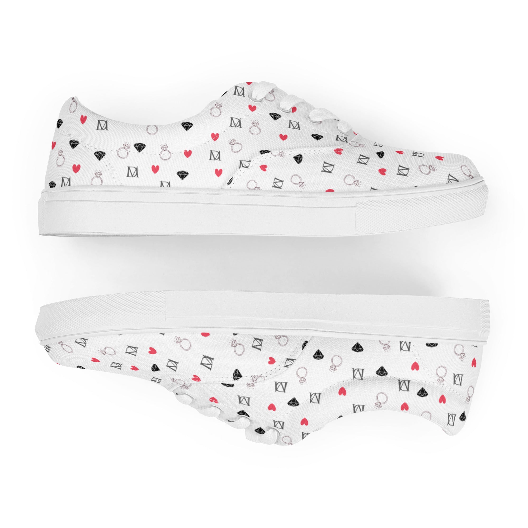 White men's lace-up canvas shoes with speckled diamond design by Daemon Luxury, front view showing stylish details.