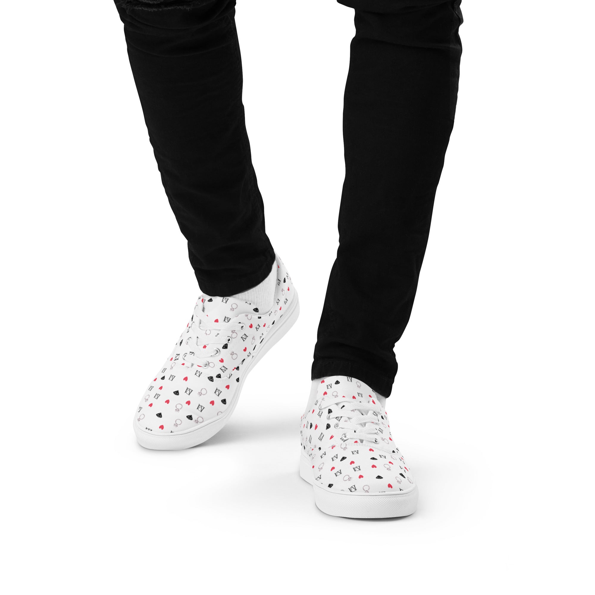 White men's lace-up canvas shoes featuring speckled diamond design by Daemon Luxury, front view of the Artica Blizzard model.