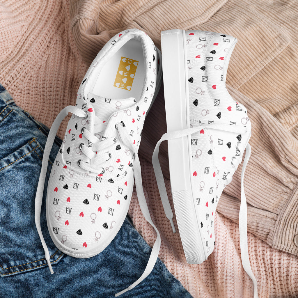 White men's lace-up canvas shoes with speckled diamond design from Daemon Luxury Artica Blizzard collection.