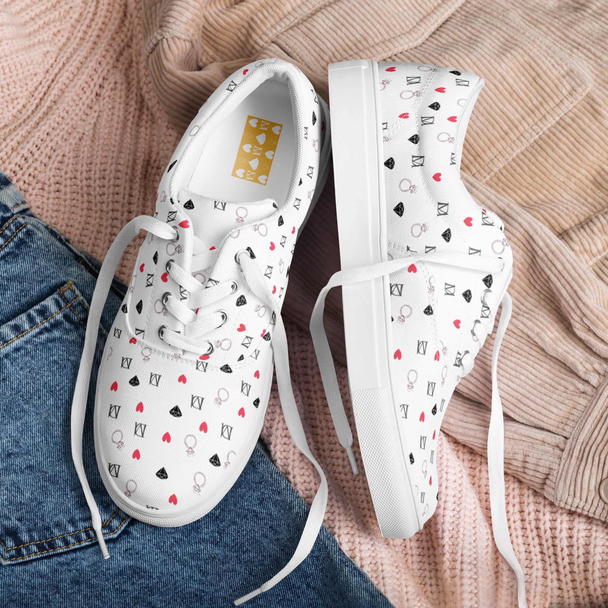 White men's lace-up canvas shoes with speckled diamond design from Daemon Luxury Artica Blizzard collection.