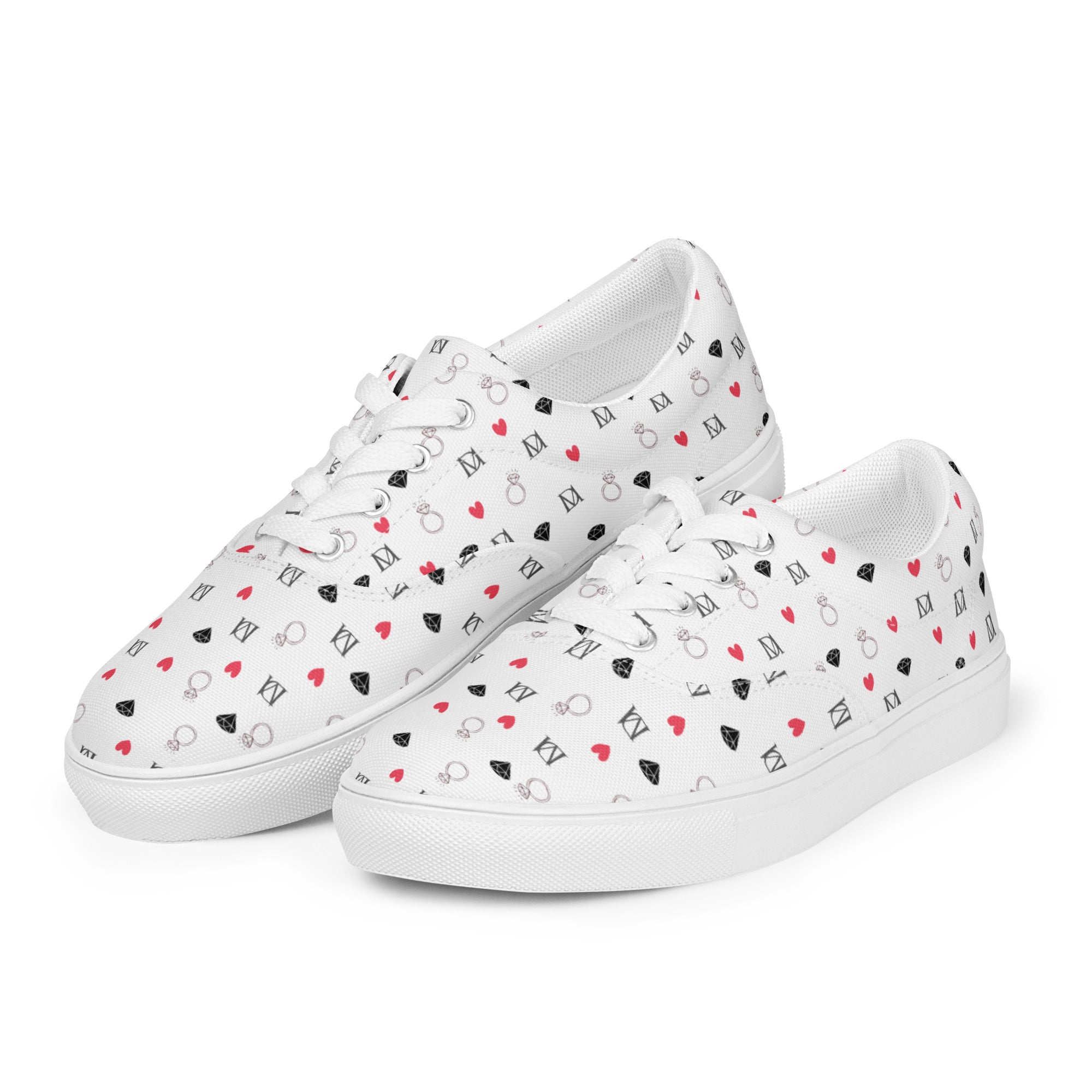 White men's lace-up canvas shoes featuring speckled diamond design from Daemon Luxury's Artica Blizzard collection, front view.
