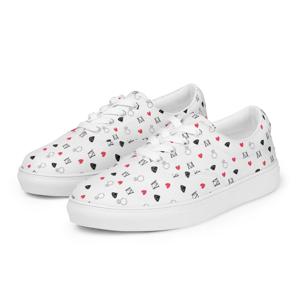 White men's lace-up canvas shoes with speckled diamond pattern from Daemon Luxury, displayed from front left angle.