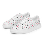 White men's lace-up canvas shoes with speckled diamond pattern from Daemon Luxury, displayed from front left angle.