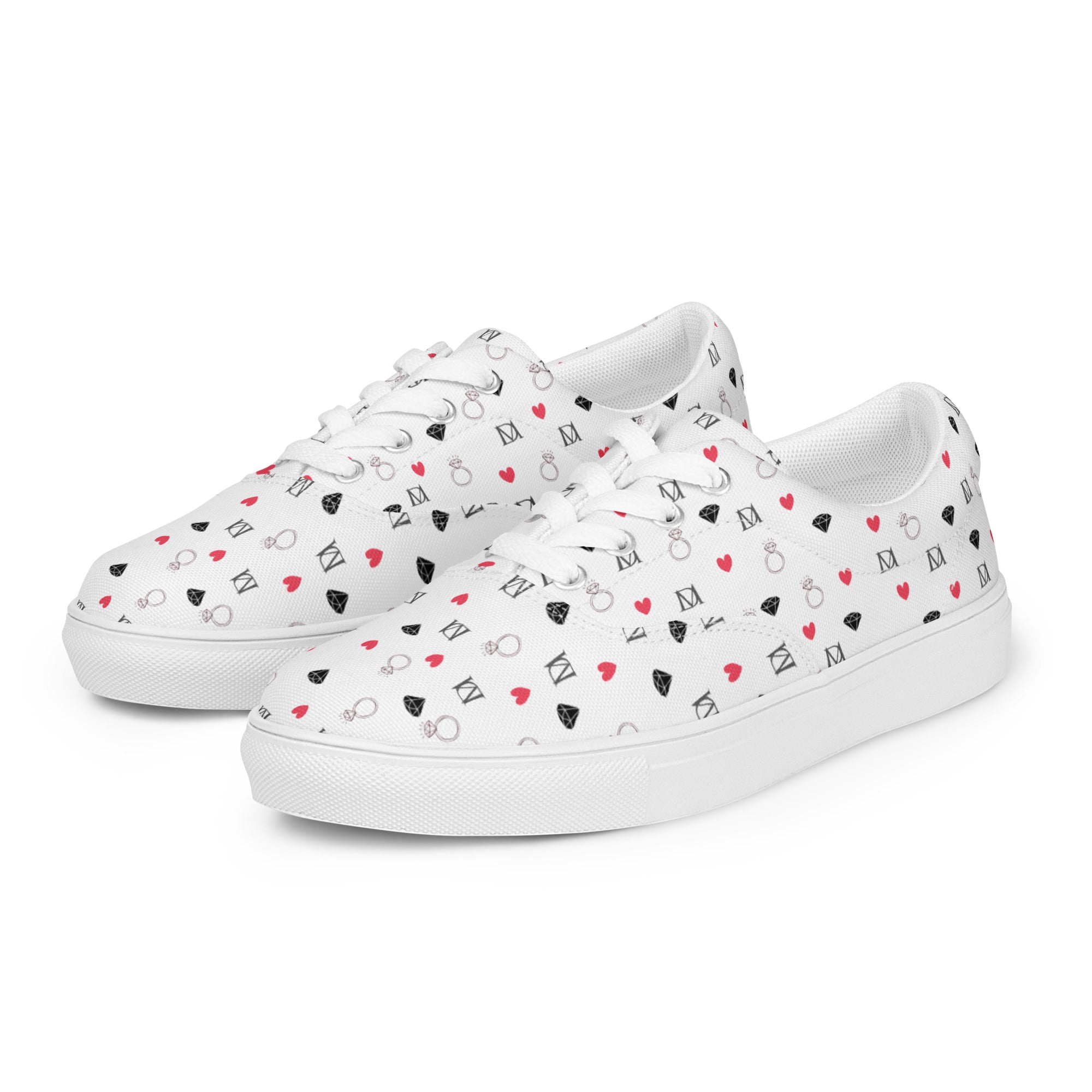 White men's lace-up canvas shoes with speckled diamond pattern from Daemon Luxury, displayed from front left angle.