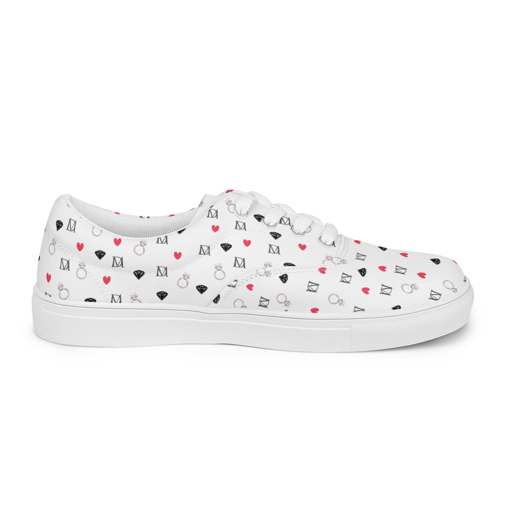 White men's lace-up canvas shoes from Daemon Luxury's Speckled Diamonds Artica Blizzard collection, shown from inside left.