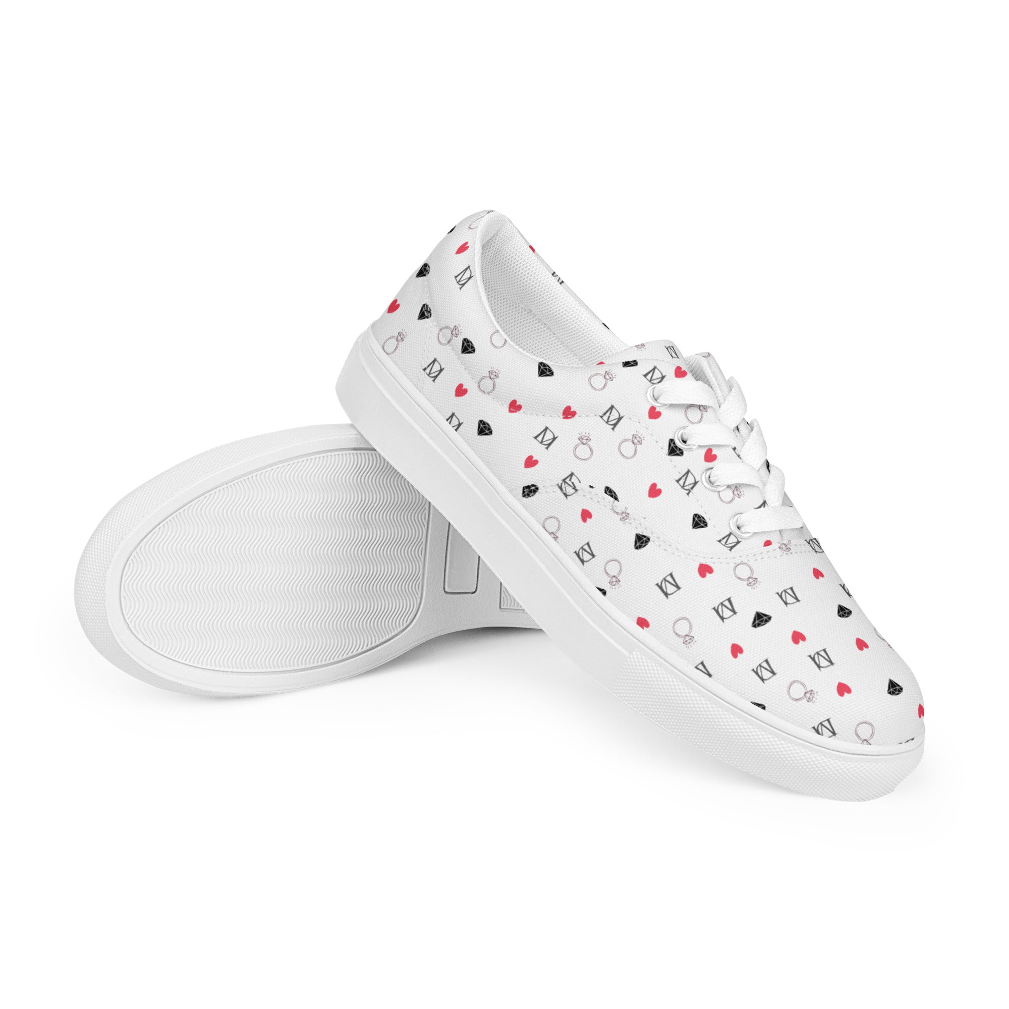 White men's lace-up canvas shoes with speckled diamond detailing from Daemon Luxury Artica Blizzard collection, front view.