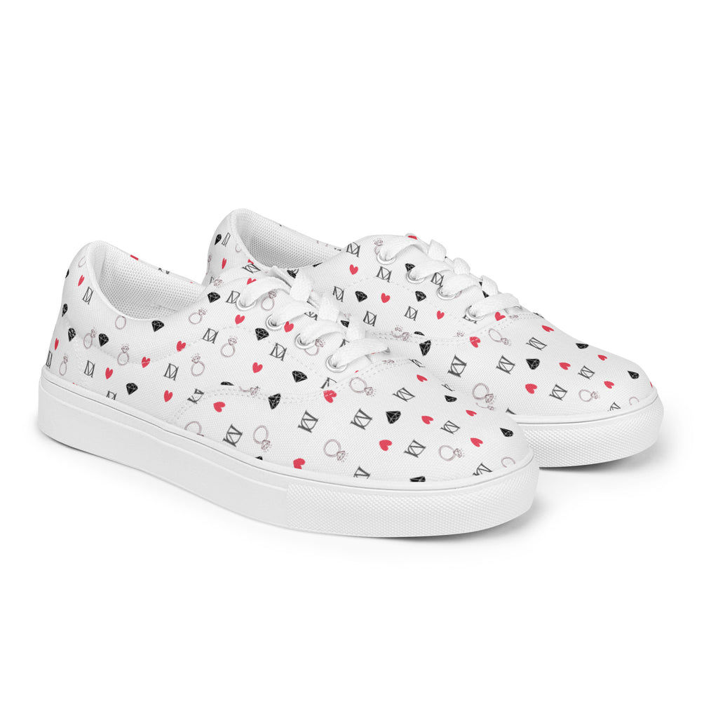 White men's lace-up canvas shoes featuring speckled diamond Artica Blizzard design by Daemon Luxury, shown from front right.