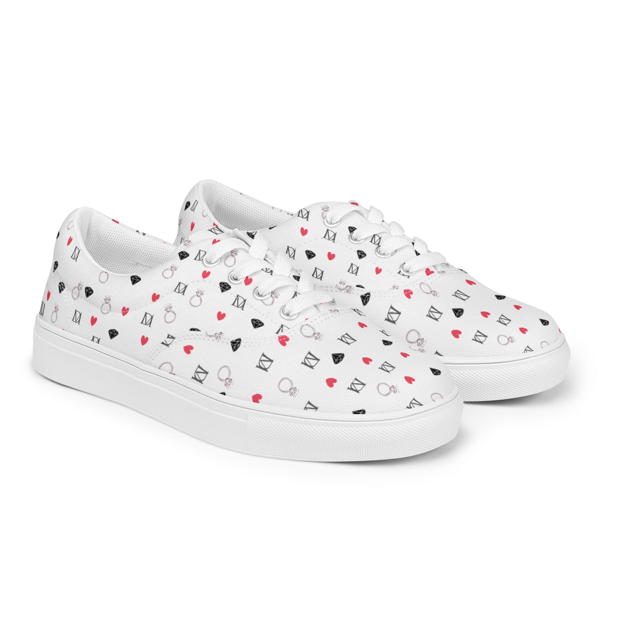 White men's lace-up canvas shoes featuring speckled diamond Artica Blizzard design by Daemon Luxury, shown from front right.