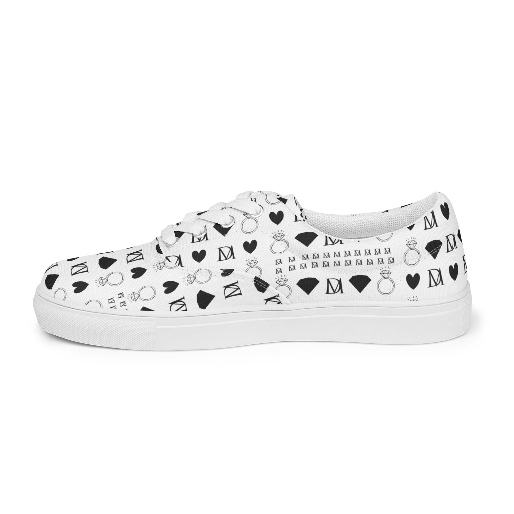 White men's lace-up canvas shoes from Daemon Luxury's Dim Diamonds Artica Blizzard collection, shown from the right inside view.