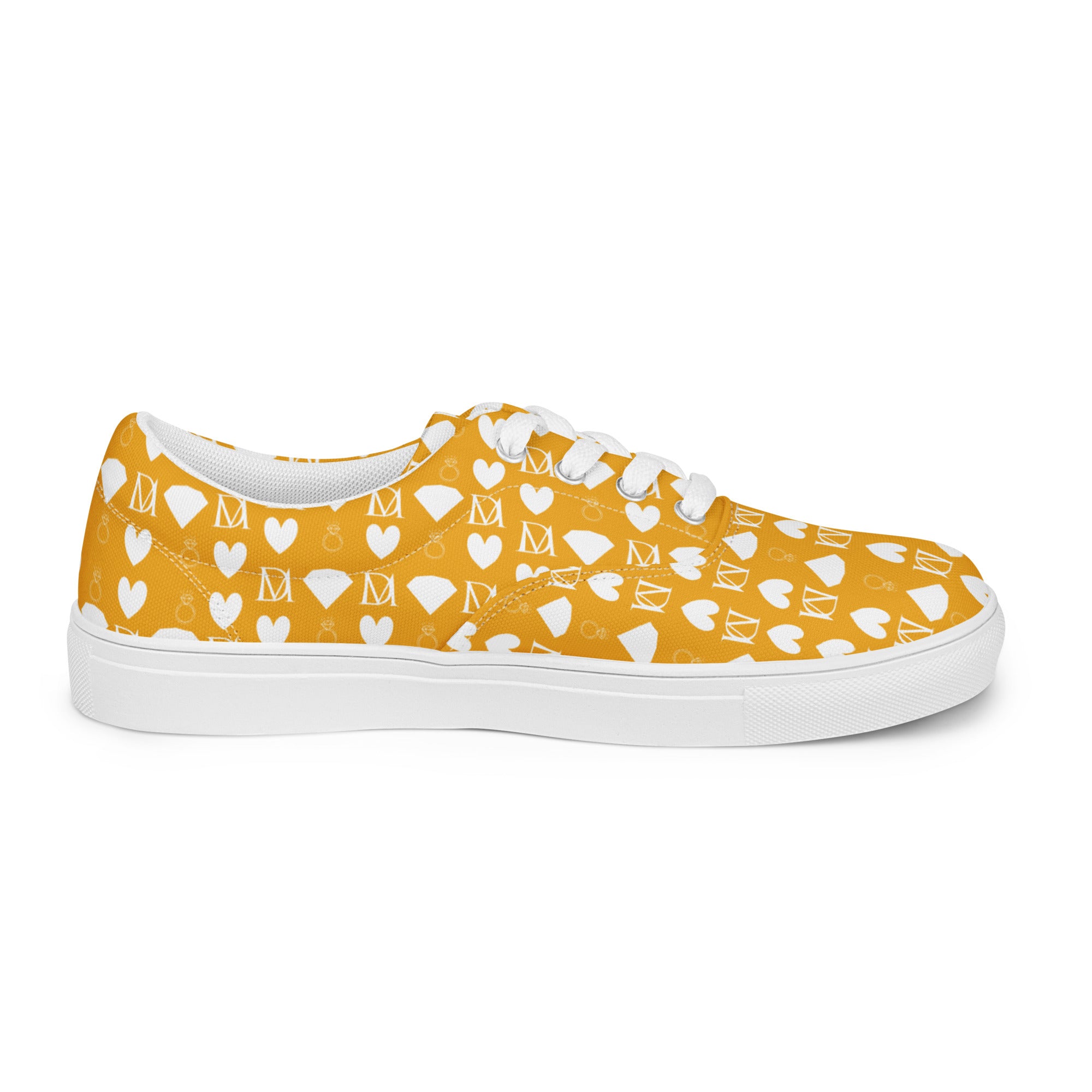 White men's lace-up canvas shoes by Daemon Luxury featuring frosted diamond pattern on the right outside.