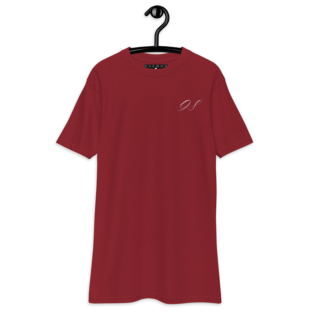 Daemon Distilled Blood Heavyweight men's premium brick-red T-shirt, front view showing bold graphic design.