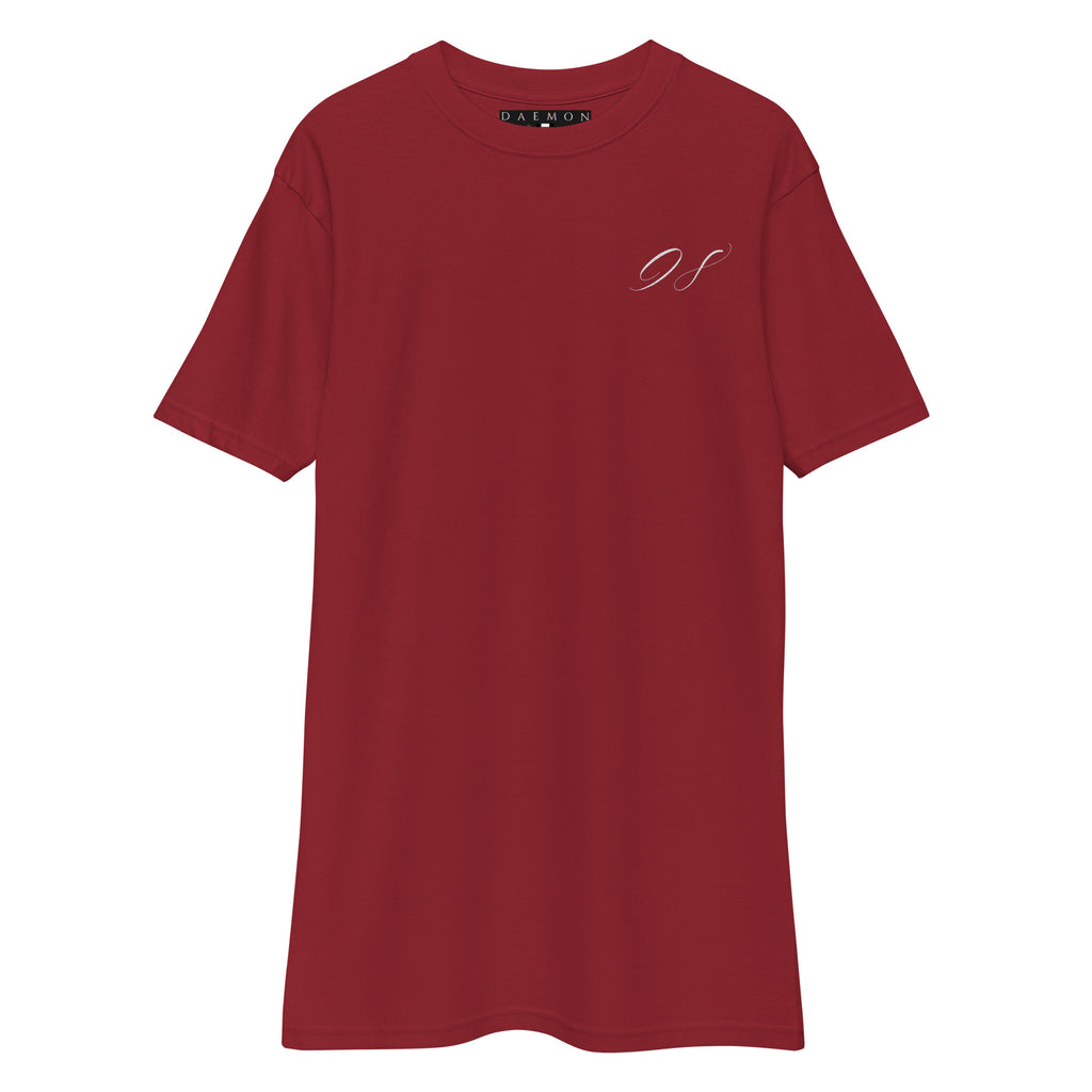 Men's Distilled Blood Heavyweight T-shirt by Daemon in brick red, front view showcasing the premium fabric and design.
