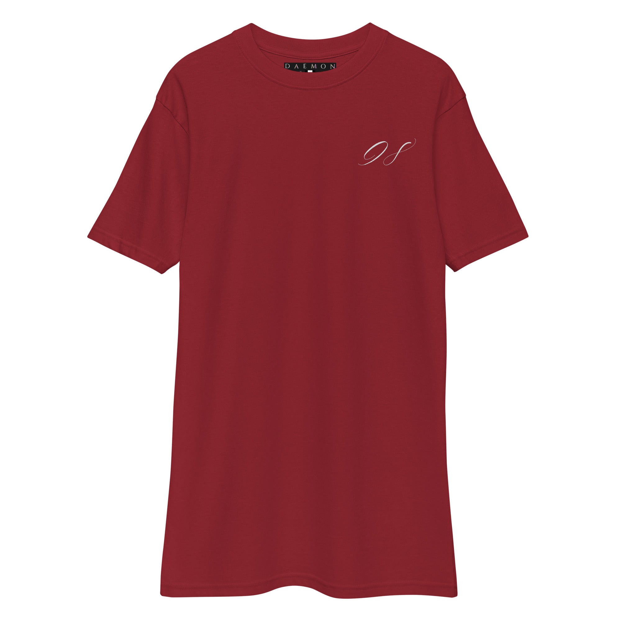 Men's Distilled Blood Heavyweight T-shirt by Daemon in brick red, front view showcasing the premium fabric and design.