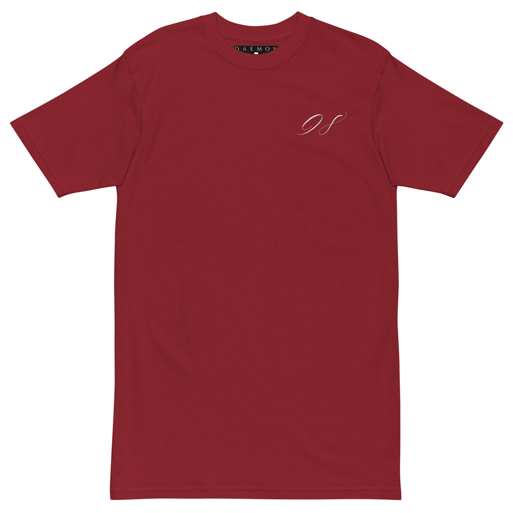Men's heavyweight brick red T-shirt by Daemon featuring a front graphic for distilled blood theme.