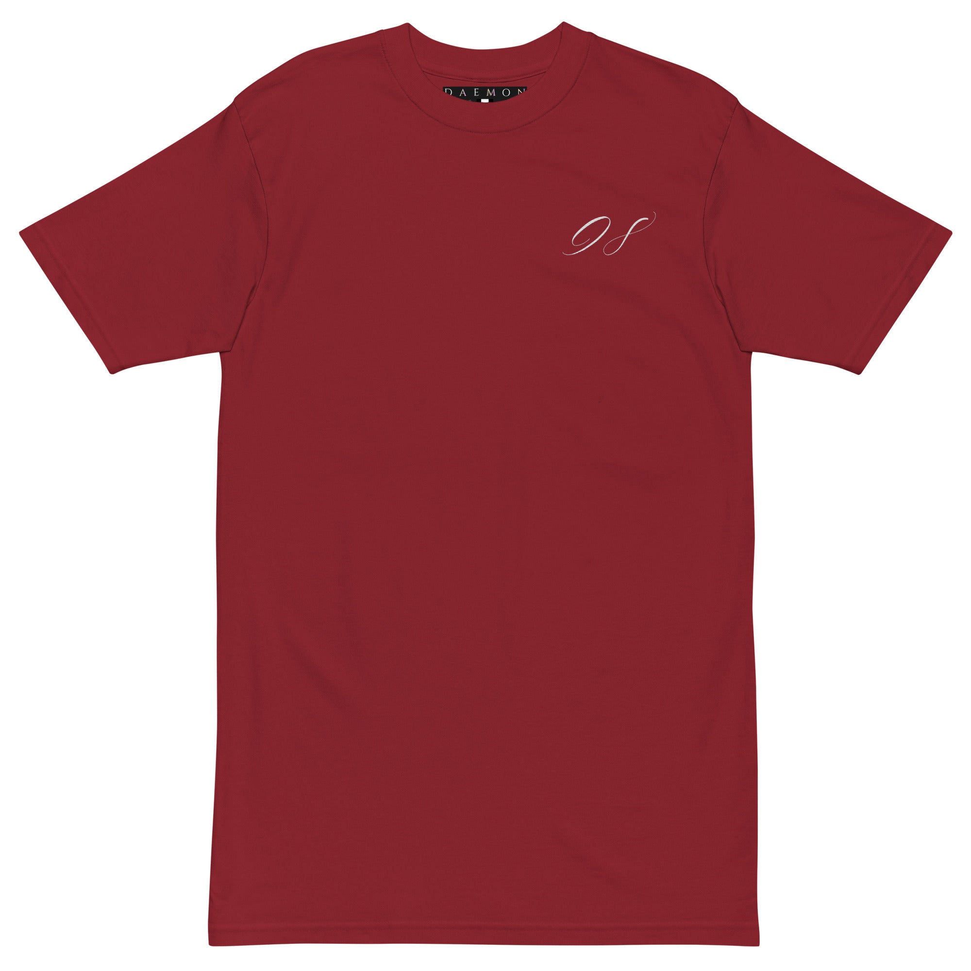Men's heavyweight brick red T-shirt by Daemon featuring a front graphic for distilled blood theme.