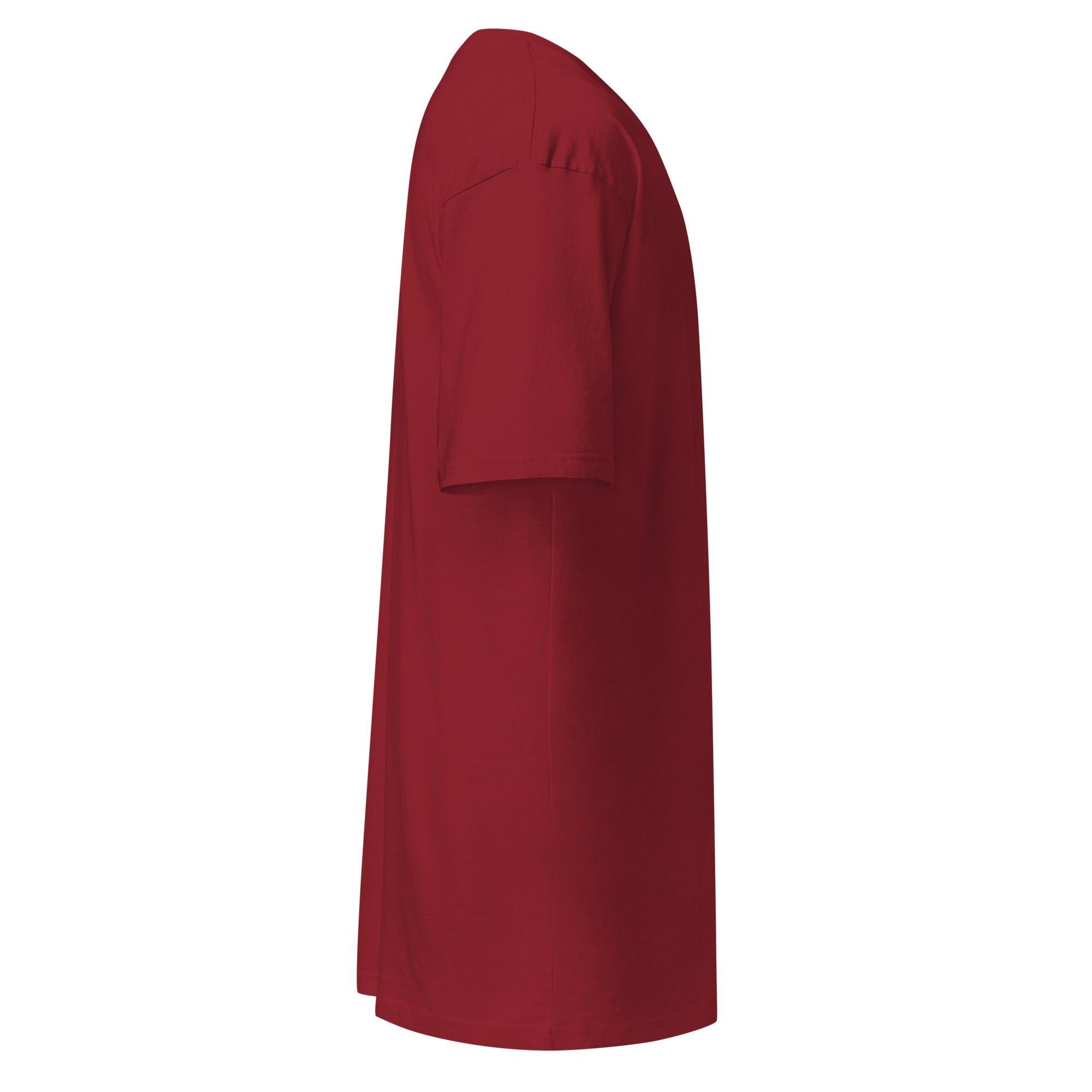 Daemon Distilled Blood Heavyweight men's premium brick-red T-shirt displayed on a hanger.