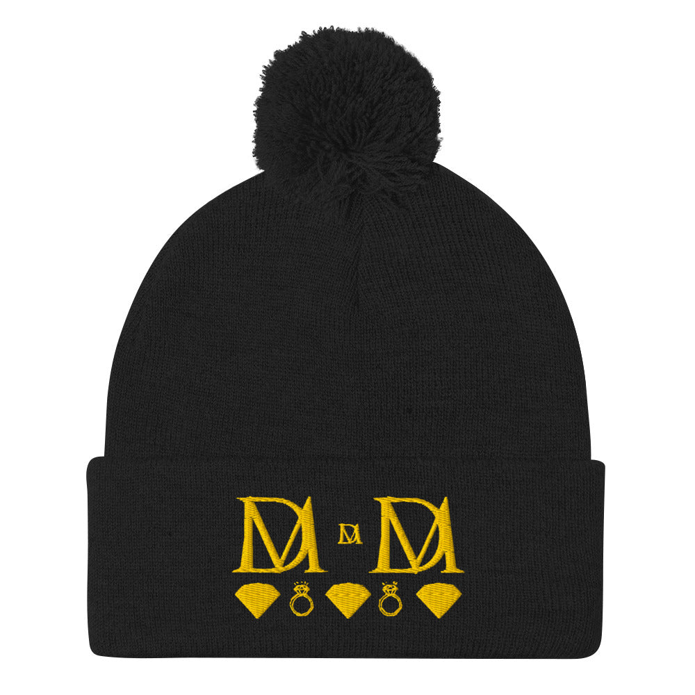 Daemon Luxury Nemesis Sun Glow black pom-pom knit cap, stylish lana berretto with cozy front view.