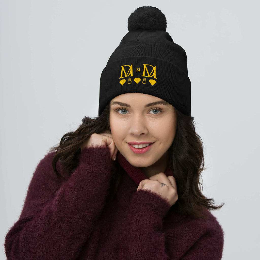 Daemon Luxury Nemesis Sun Glow black pom-pom knit cap, stylish wool berretto lana with front view and cozy design