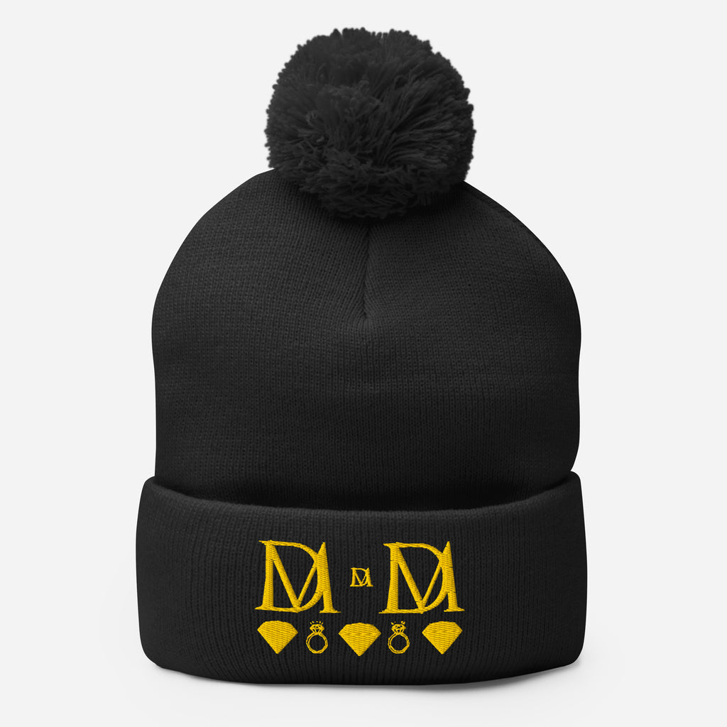 Daemon Luxury Nemesis Sun Glow black pom-pom knit cap front view, cozy wool berretto lana with stylish design
