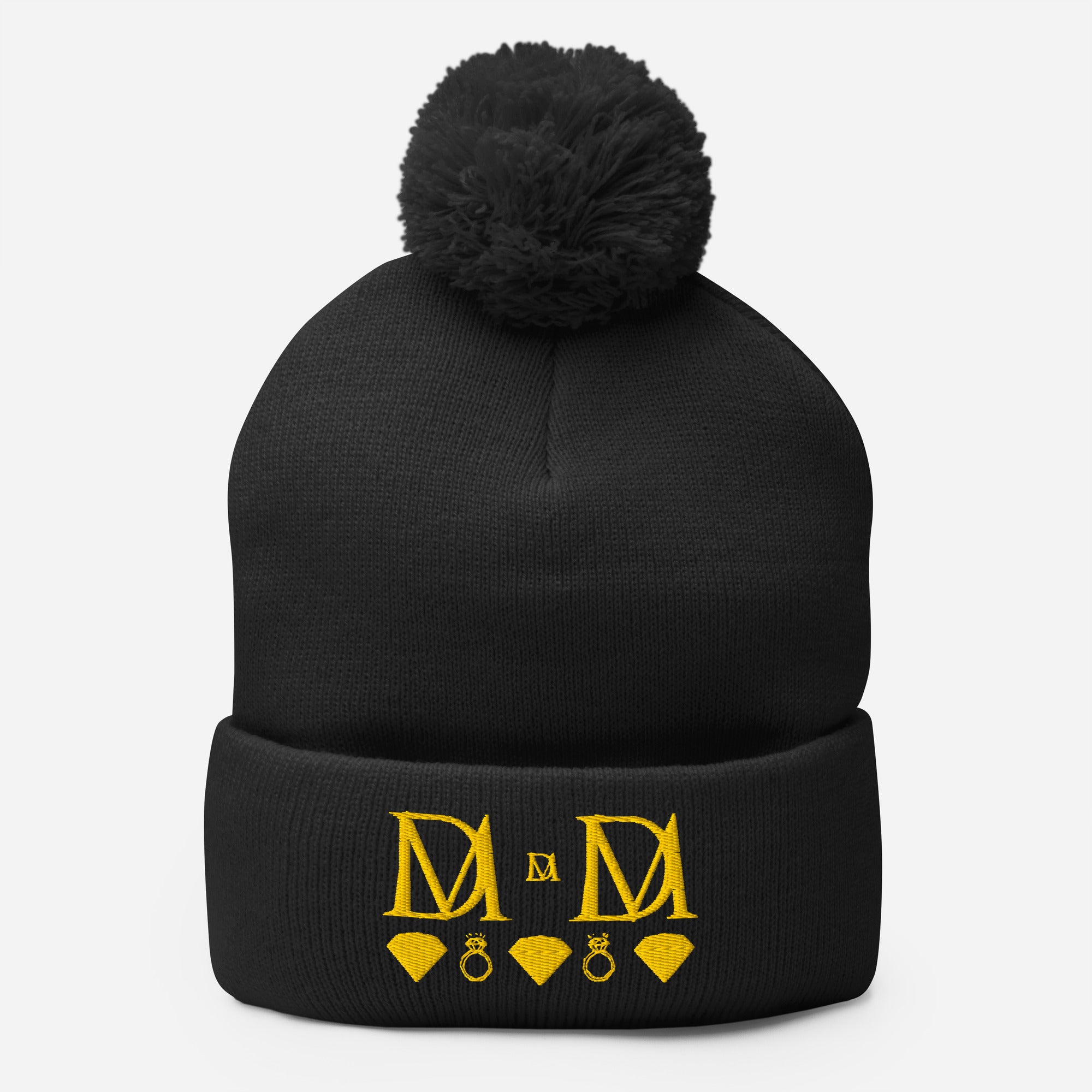 Daemon Luxury Nemesis Sun Glow black pom-pom knit cap front view, cozy wool berretto lana with stylish design